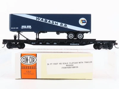 HO Scale Con-Cor 0001-009155 WAB Wabash Railroad 54' Flat Car #168 w/ Trailer  - Image 1 of 4