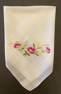 Pañuelo vintage para mujer blanco algodón bordado púrpura pansy spray - Imagen 1 de 8