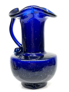Cobalt Blue Crackle Glass 4.75" Pitcher Hand Blown Vintage - Picture 1 of 8