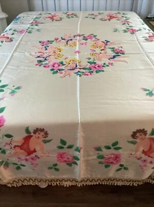 Housse de lit vintage peinte main ange puti jaune pâle Italie bordure chenille chérubin - Photo 1 sur 13