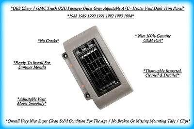 88–94 Chevy GMC Truck RH Dash AC Vent Panel OEM GM C/K Passenger Side - Image 1 of 3