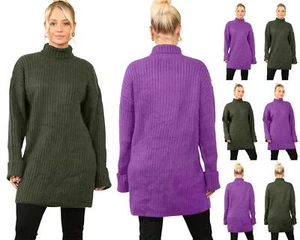 Womens Ladies Long Sleeve Plain Oversized Baggy Ribbed Jumper Mini Length Dress - Picture 1 of 5