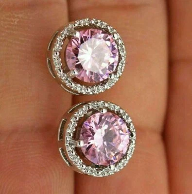1.2Ct Simulierte Rund Schliff Pink Saphir & Diamant Ohrringe 14K Weiß Vergoldet - Bild 1 von 4