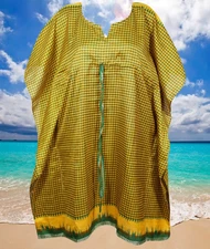 Womens Midi Caftan Dress, Green Yellow Check Print, Loose Beach Dress L-4XL