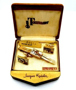 Antiguo Kreisler 12k GF puño rectangular eslabones y barra de corbata zapato de caballo con caja #Z902 - Imagen 1 de 6