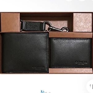 Coach Black Mens Compact Id Sport Wallet and Trigger Snap Keyfob Set [64118] NWT