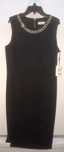 $134 NWT CALVIN KLEIN Black Sheath Dress Size 8 Gold Chain Detail - Picture 1 of 5