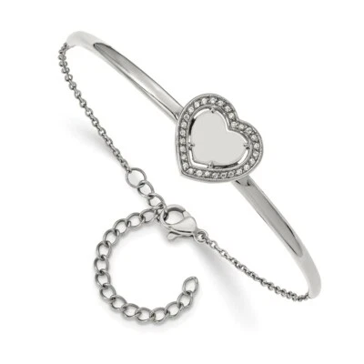 Stainless Steel Polished with CZ Heart 6.5in with 2in ext. Bar Bracelet - Image 1 of 2