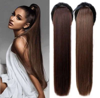 Clip de cabello cola de caballo como extensiones de cabello humano real cola de caballo recta 32"/85CM Foto 1 de 4