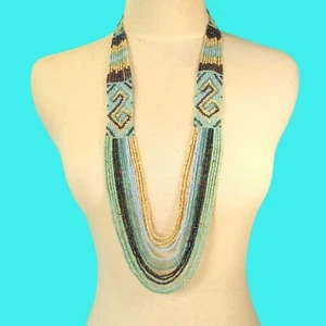 Collar destacado de cuentas de semillas de 34" azul agua multi hebra hecho a mano azul agua cascada - Imagen 1 de 5