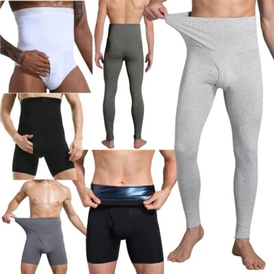Men High Waist Tummy Control Pants Boxer Briefs Shorts Thermal Cotton Long Pants - Image 1 of 4
