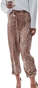 Women's Sparkly Sequin Elastic Waist Paper Bag Jogger Lounge Pants w Drawstring - Picture 1 of 18
