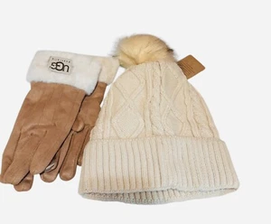 Winter UGG Gloves And Beanies Set, Cable Knit UGGs With Fleece Lined Beige/Cream - Picture 1 of 3