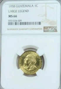 1958 GUATEMALA 1 CENTAVO 1C LARGE LEGEND NGC MS 66 VERY SCARCE GEM BU BEAUTY - Picture 1 of 5