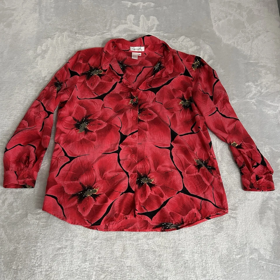 Blusa De Colección Spiegel Para Mujer XL Roja Amaryllis Seda Cepillada Abotonada Evento Vacacional Foto 1 de 4