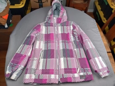 686 滑雪板滑雪冬季夹克外套女式 L 码粉色格子防水隔热 — 第 1/4 张图片