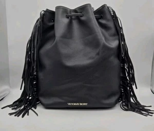 Victoria's Secret Purse Drawstring Bag Black Faux Leather Side Fringe 11067913 - Picture 1 of 15
