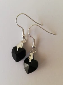 Drop / Dangle Earrings - Black Crystal Heart Droppers, Silver Plated - Picture 1 of 6