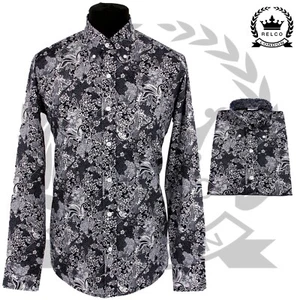 Camisa Floral Relco Cachemira Manga Larga Cuello Abotonado Retro Vintage Mod Azul Marino - Imagen 1 de 8