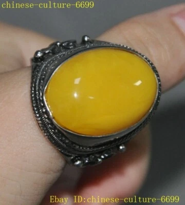 Anillos antiguos chinos tibetanos de plata con incrustaciones de gema de jade amarillo joyería mariposa Foto 1 de 4
