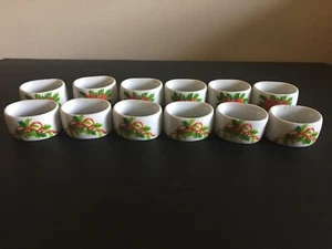 Poinsettia Holly Berries Bow Christmas Napkin Rings Holders Set Of 12 Porcelain - Picture 1 of 6
