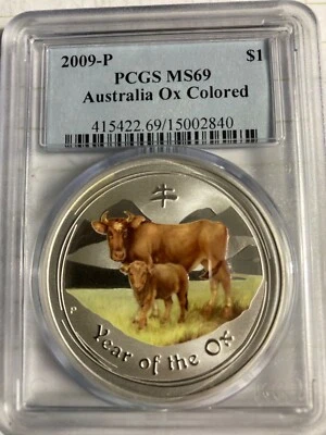 2009-P PCGS MS69 $1 Australia Year of The OX Colored RARE POP:153 Colorized 🐂 - Image 1 of 2