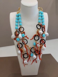 Collana in Argento 925 con Pasta di Turchese, Corallo, Onice e Perle Barocche  - Foto 1 di 2