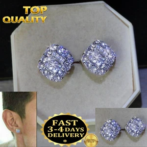 Mens Womens square 10mm simulated diamond 18k white gold filled stud earrings UK - Picture 1 of 10