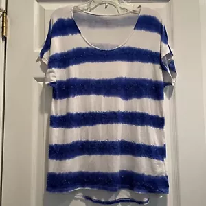 Coldwater Creek Womens M Tee Blue White Striped Sequins Rayon Hi Low Patriotic - Picture 1 of 8