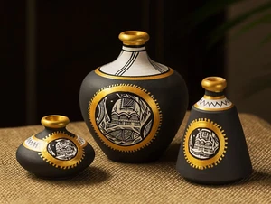 Decorative Hand Painted Terracotta Pots Flower Vases for Home, Office - Set of 3 - Picture 1 of 14