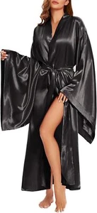 Women's Solid Satin Bath Robe With Belt Silk Like Fabric Lounge Wear Night Gown - Picture 1 of 32