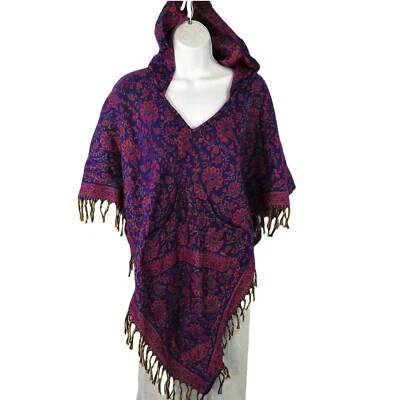 Poncho|Fringe|Capucha y Bolsillo|Bohemio|Boho|Hecho a Mano|Mezcla de Lana Yak|Paisley|Talla 1 Foto 1 de 4