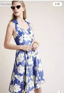 Anthropologie Sz 2 Camellia Collared Dress Blue Floral Print Linen Retro A-Line - Picture 1 of 6