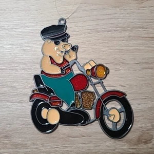Vtg Pig On Motorcycle Sun Catcher Window Ornameny Stained Glass Hog On A Hog 5" - Picture 1 of 4
