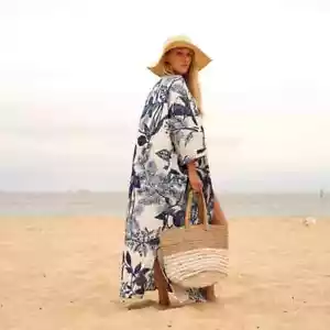 Indian White Floral Print Cotton Robes Long Kimono Sleepwear Night Kimono Robes - Picture 1 of 4