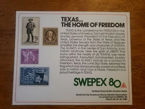 1980 American Stamp Dealers Association SWEPEX 80 Texas Souvenir Card - Bild 1 von 1