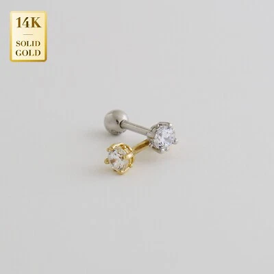 14K REAL Solid Gold Round CZ Stud Helix Tragus Cartilage Earring Piercing 18G - Image 1 of 4