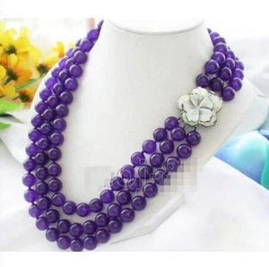 3 Rows 8mm Purple Amethyst Round Beads Necklace 17-19'' Shell Flower Clasp PN62 - Picture 1 of 6