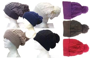 Ladies Women Pom Pom Knit Baggy Beanie Warm Winter Hat Ski Cap - Picture 1 of 8