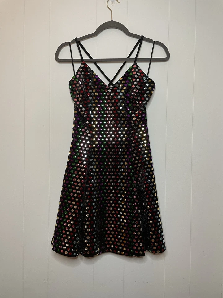 Vtg Betsey Johnson 90's Reflective Multicolor Sequin Stretch Black Velvet Dress - Image 1 of 4