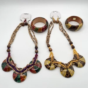 2 Holz Perlen Halskette Armband Ohrring Sets aus Philippinen Tribal Stil - Bild 1 von 8