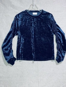 Blue Crushed Velvet Ruched Top Long Puff Sleeve Goth Whimsygoth Grunge Women’s S - Picture 1 of 8