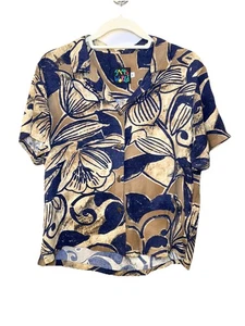 Jams World Women’s MEDIUM Blue Tan Floral Lily Hawaiian Camp Button Up Rayon USA - Picture 1 of 11