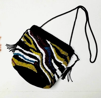 New Zara Beaded Safari Velvet Bucket Bag Crossbody Multicoloured tassels beaded  - Image 1 of 4