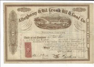 Pennsylvania 1865 Allegheny & Oil Creek Oil & Coal Co Aktienzertifikat Venango - Bild 1 von 2