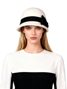 Cappello Bowler in Feltro di Lana per Donna Formale Matrimonio Sposa Tea Party Cappelli con Fiocco - Foto 1 di 6
