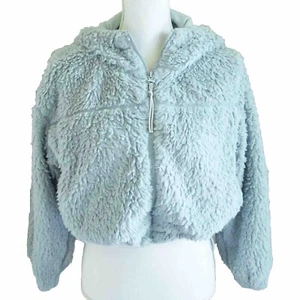 BDG URBAN OUTFITTERS Zip Up Fuzzy Cropped Hooded Teddy Jacket Blue Gray, Medium - Picture 1 of 9