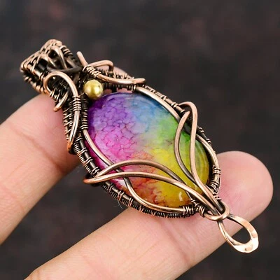 Rainbow Solar Quartz Druzy Jewelry Copper Wire Wrapped Pendant For Girls 2.83" - Image 1 of 4
