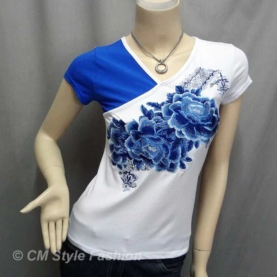 Blusa Top Camiseta Bordada Floral Duo Tono Azul Blanco XS Foto 1 de 4
