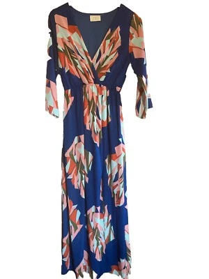 Everly Dress Maxi  SMALL MULTICOLOR  3/4 Sleeve High Waist V-neck Boho Faux Wrap - Image 1 of 4